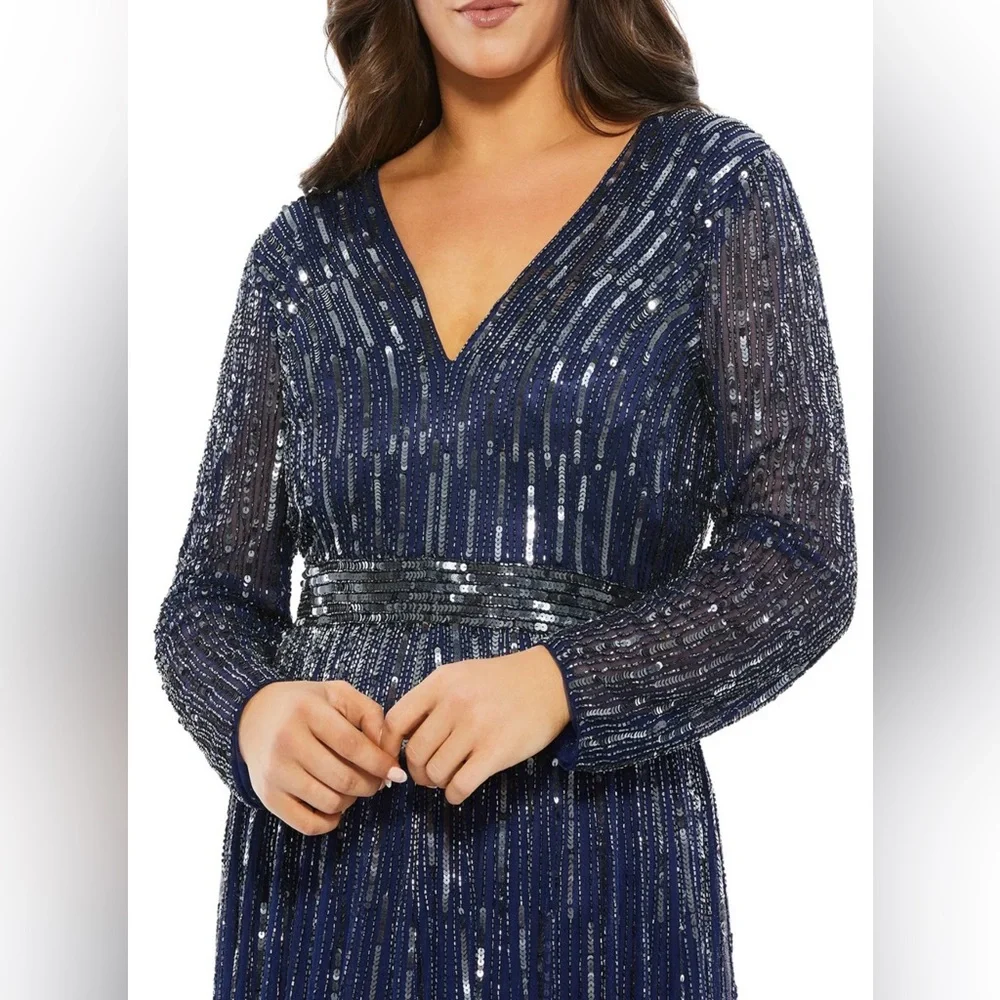 Mac Duggal Blue and Silver Sequin Gown with Bishop Sleeves SZ 18W - Picture 3 of 4